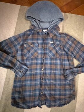 Columbia Blue and Brown Plaid Hooded Flannel Shirt